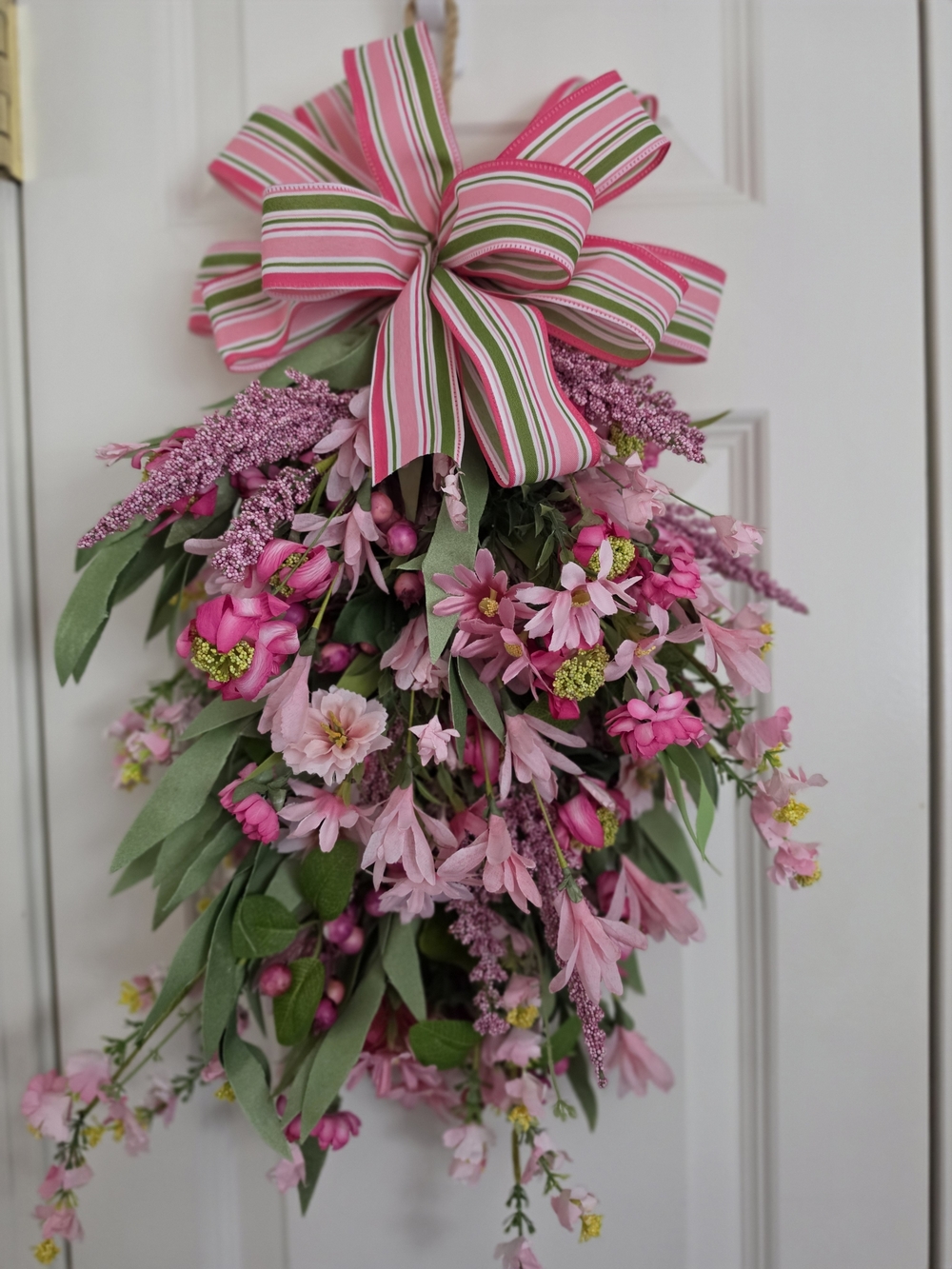 Pink Floral Hanging Swag with Striped Bow